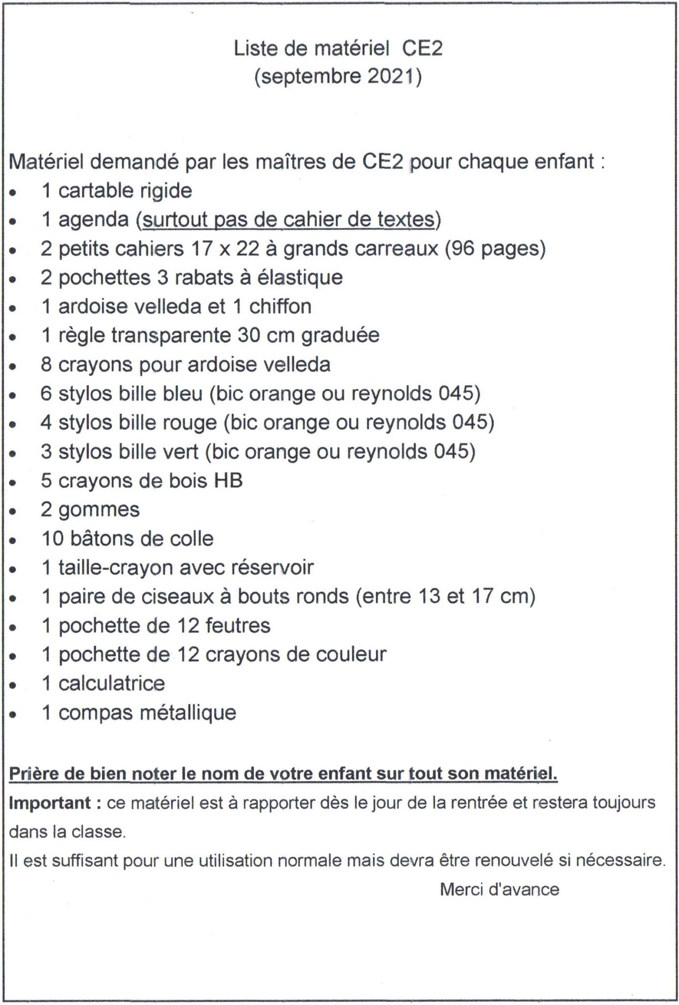 listes des fournitures pour la rentrée Site de l'école Mouchotte Calais